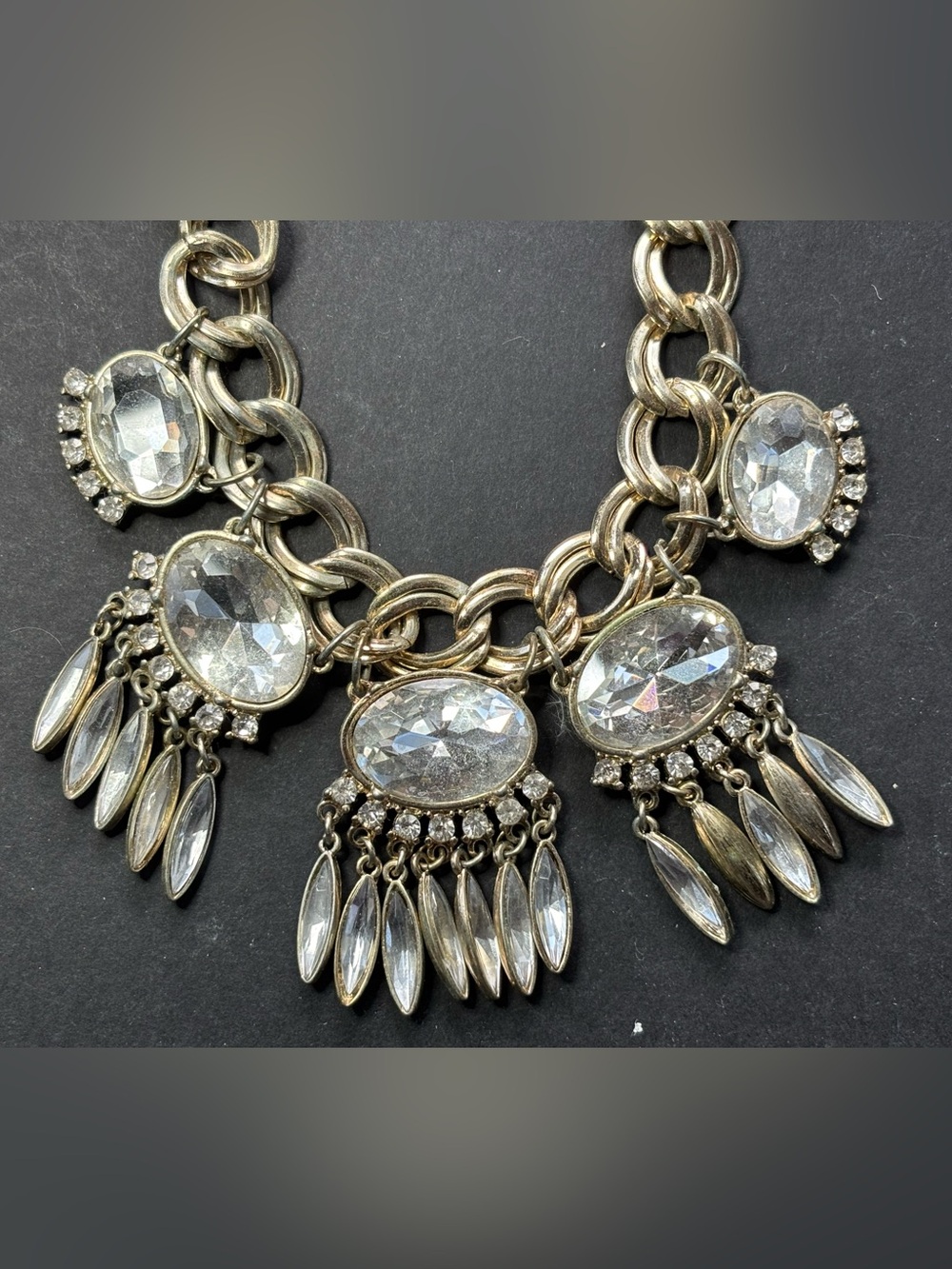 Clear Crystal Fringe Statement Necklace in Silver Tone